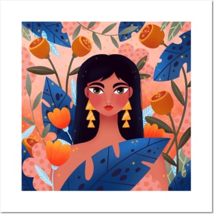 Cute girl with plants and flowers Posters and Art